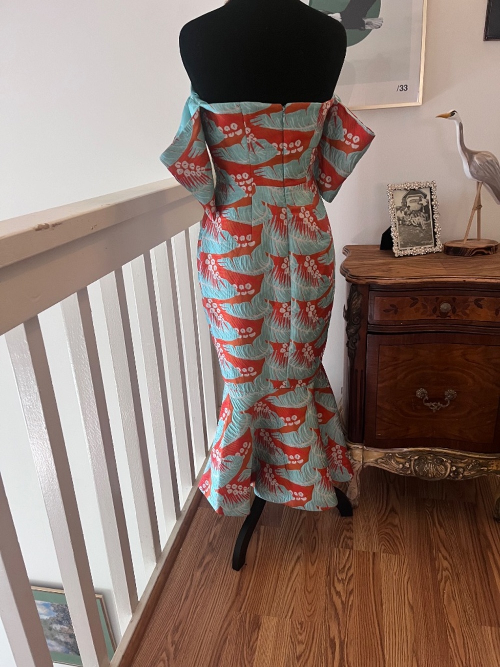 ASOS Tropical Leaf Jacquard Off Shoulder Mermaid Midi Dress Coral Turqoise Sz 4 - Picture 8 of 16